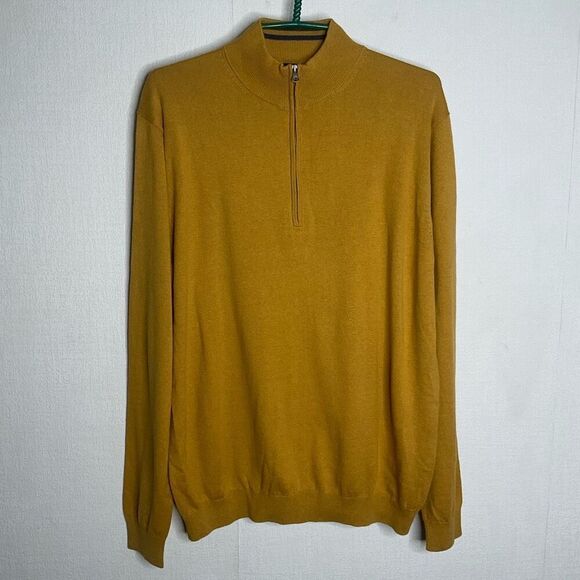 Paul Fredrick Sweater Mens Large Silk Cotton Cashmere 1/4 Zip Pullover Mustard - Picture 1 of 8